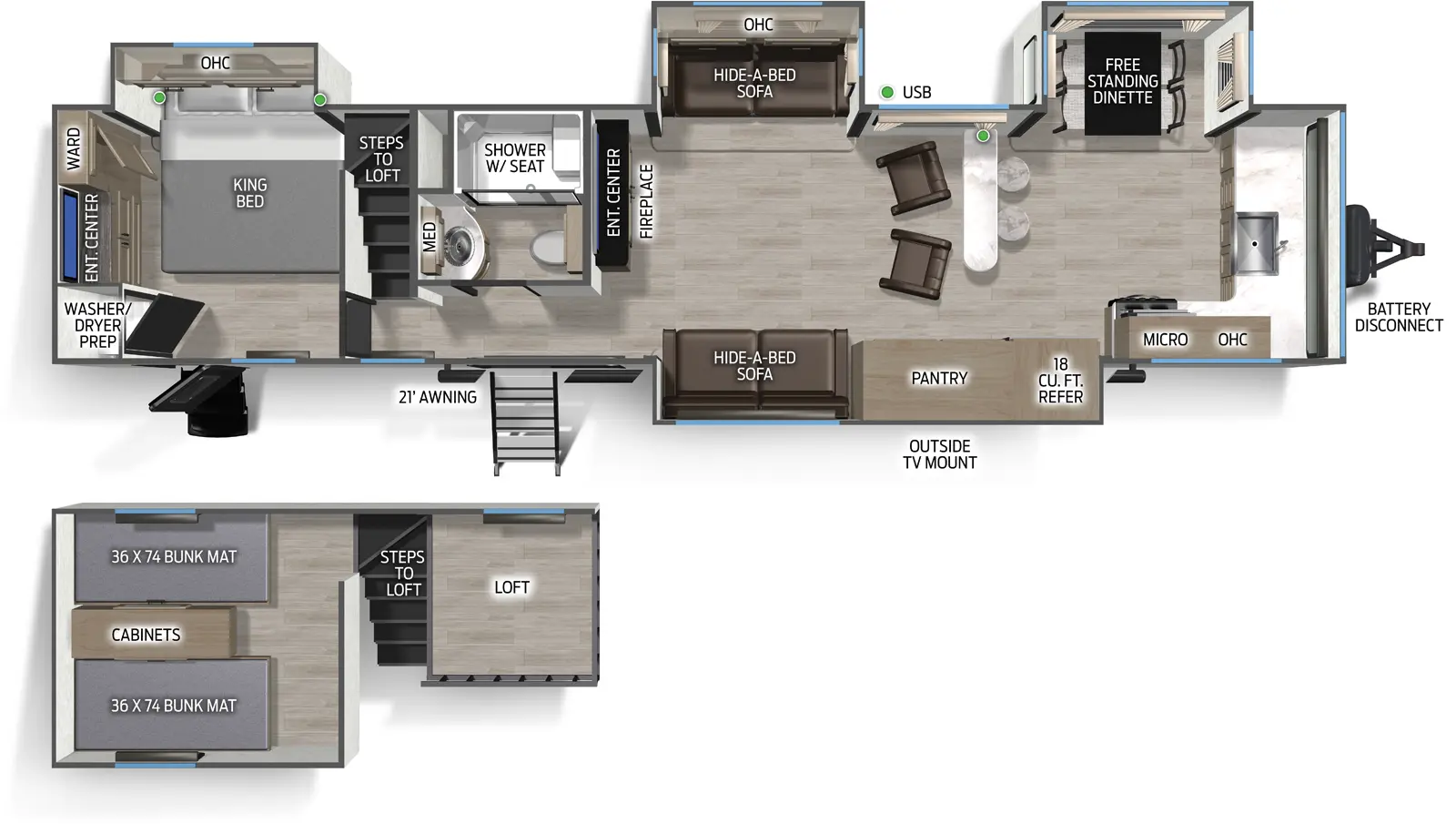 The Timberwolf 39DK floorplan has two entries and four slide outs. Exterior features include: metal exterior and 21' awning. Interiors features include: loft, front kitchen and rear bedroom.